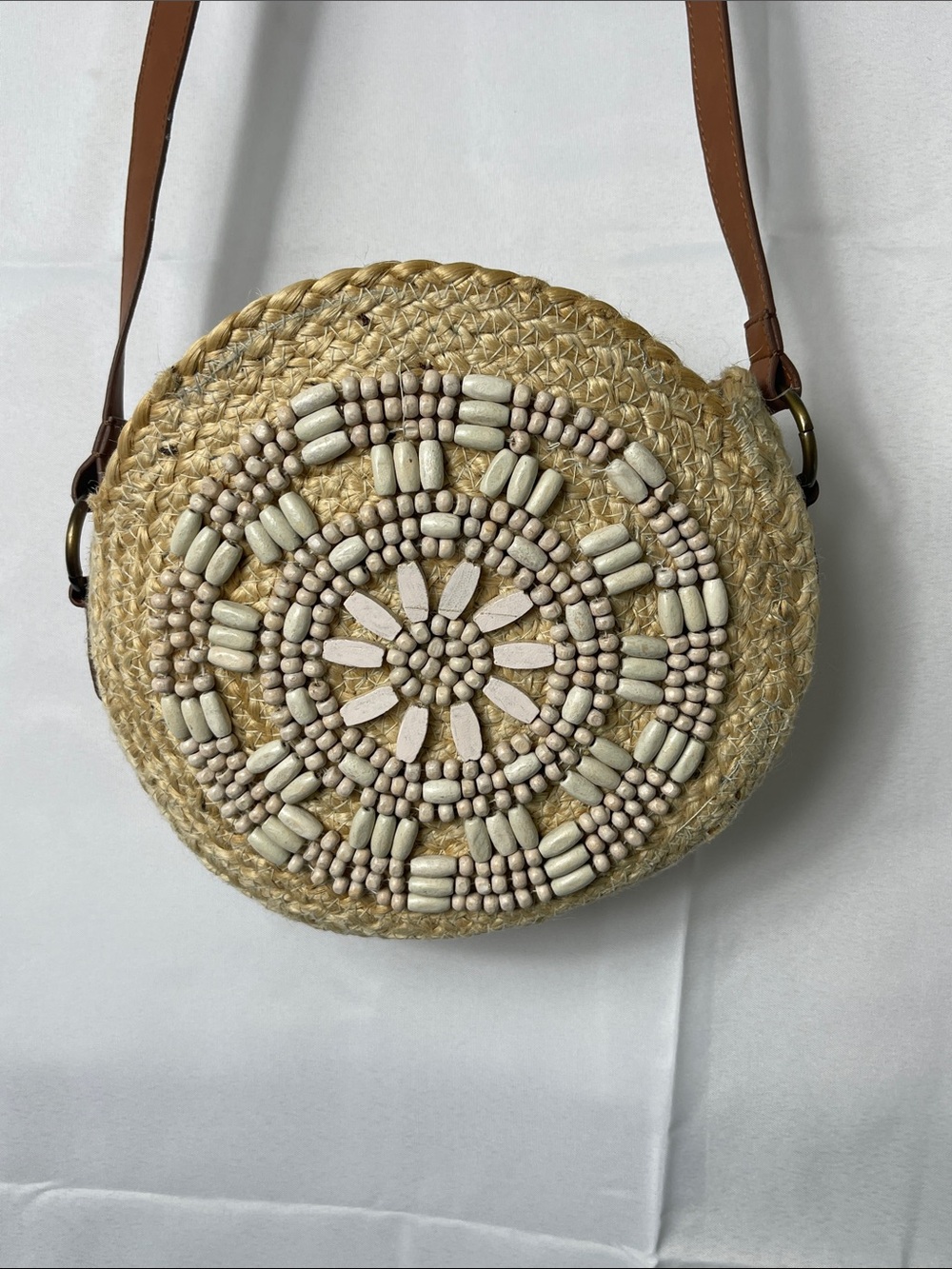 Sonoma Natural Straw Beaded Round Crossbody Bag - Tan